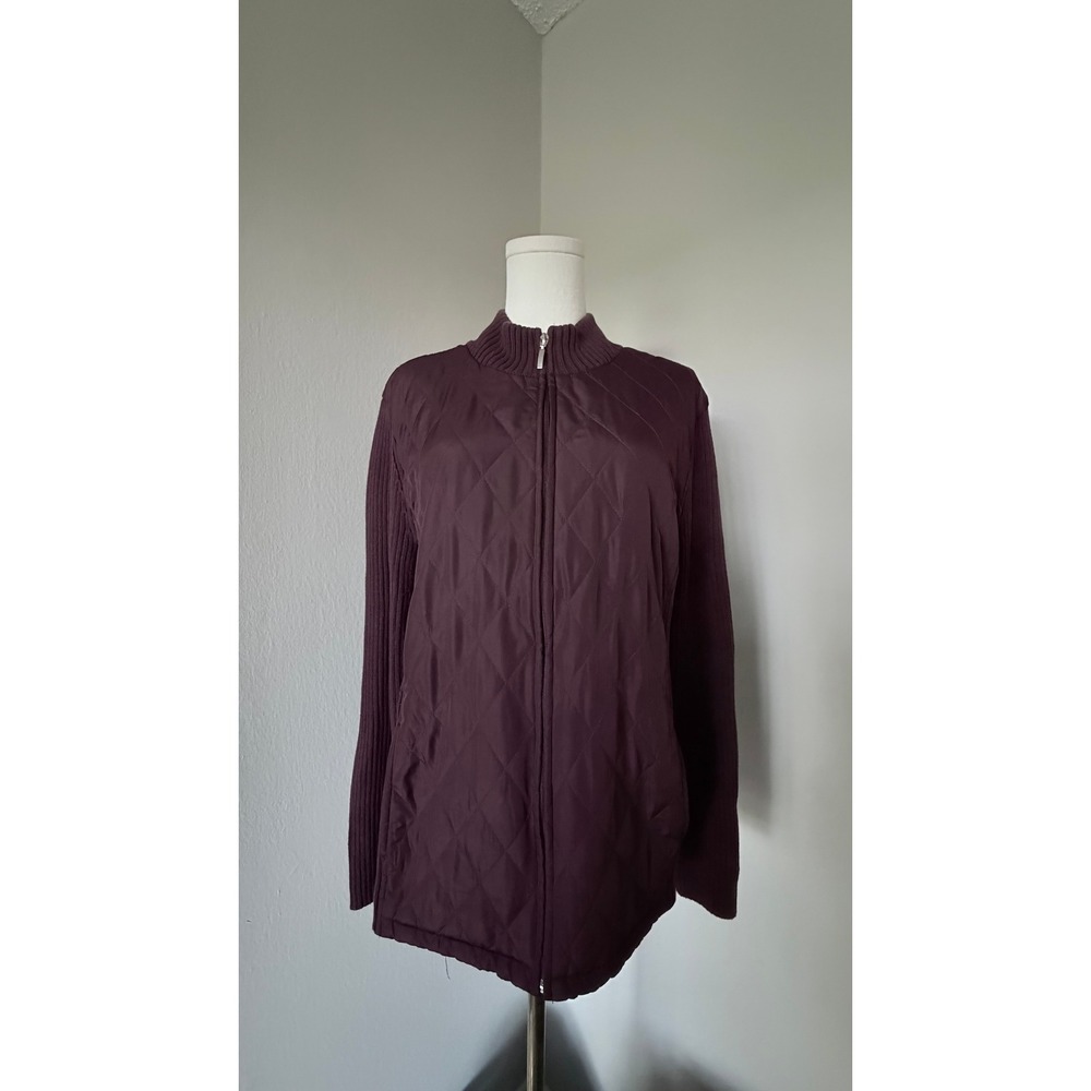 Croft & Barrow Womens Ribbed Knit Quilted Front Full Zip Sweater Jacket Plum